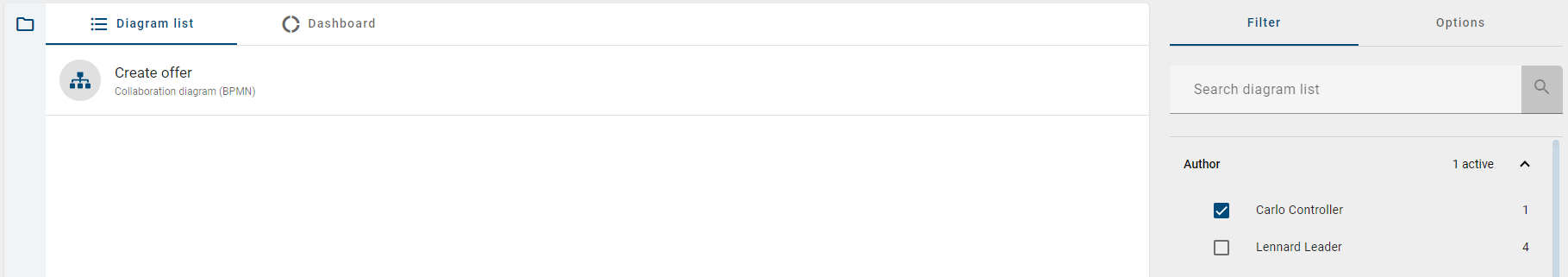 The filtered diagrams list is displayed here.