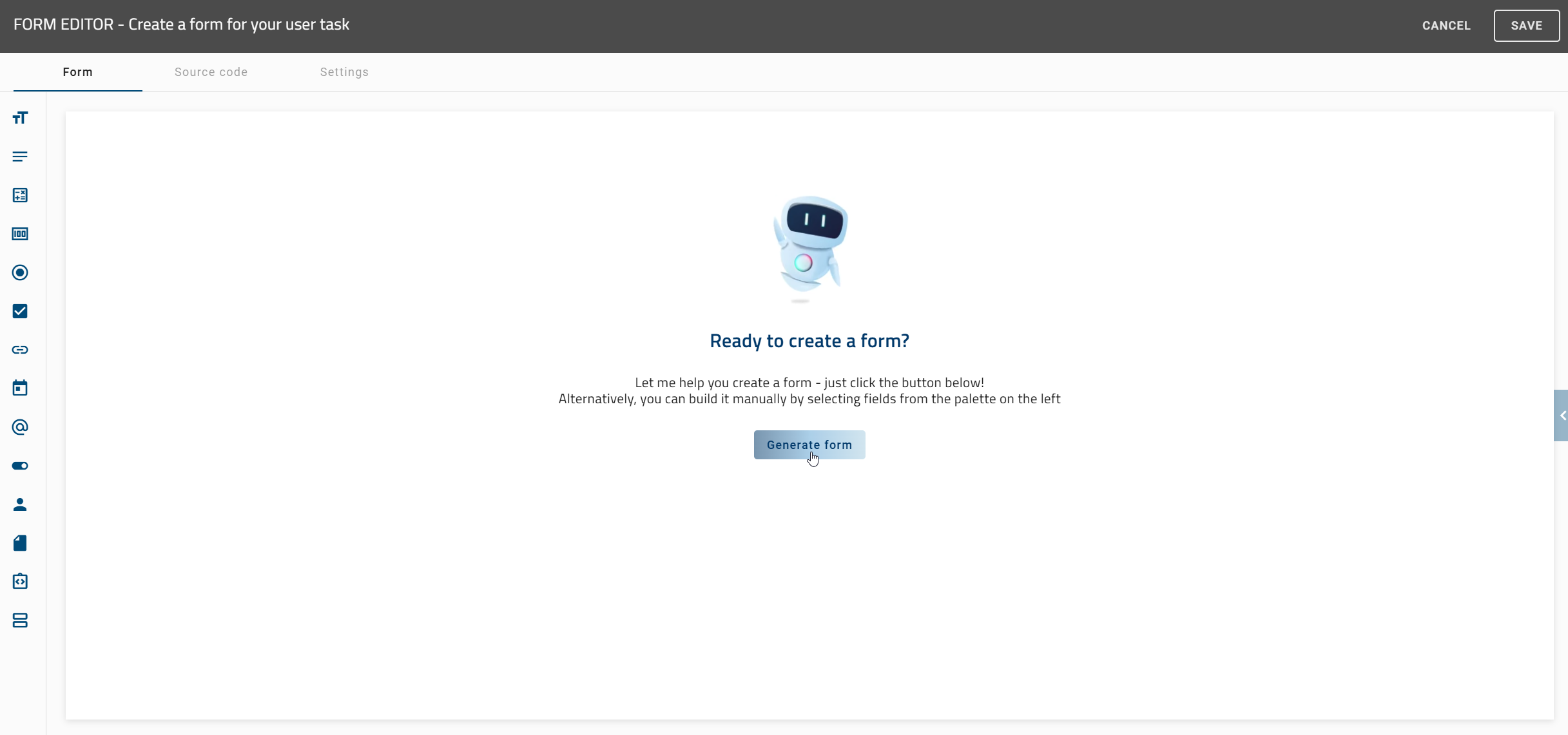 The screenshot shows the option "Generate form" in the form editor of an activity if Arty is enabled.