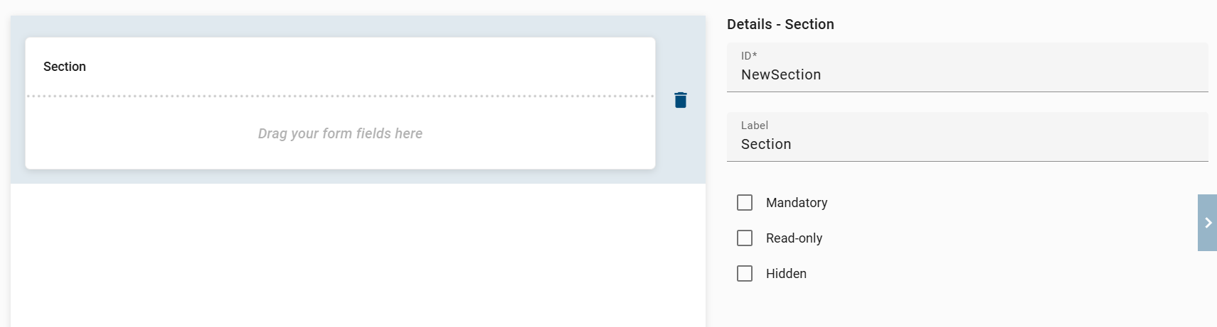 The screenshot shows the detailed overview of the "Section" form field.