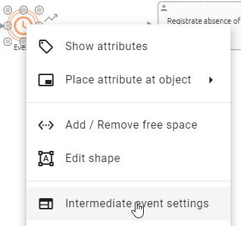 The screenshot shows the context menu of an intermediate event, which includes the option "Open intermediate event settings".