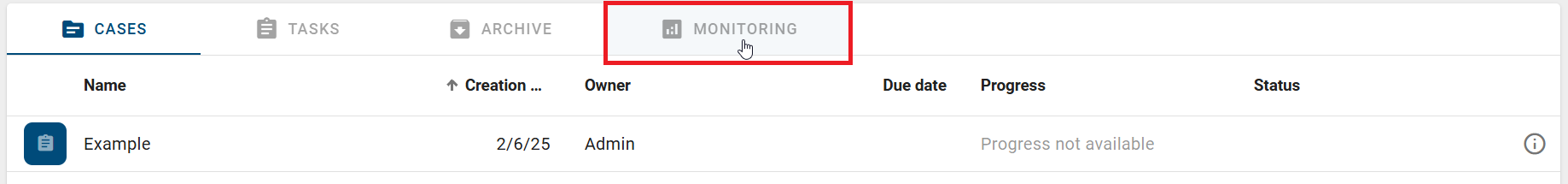The screenshot shows the tabs in the case list of a ProcessApp.