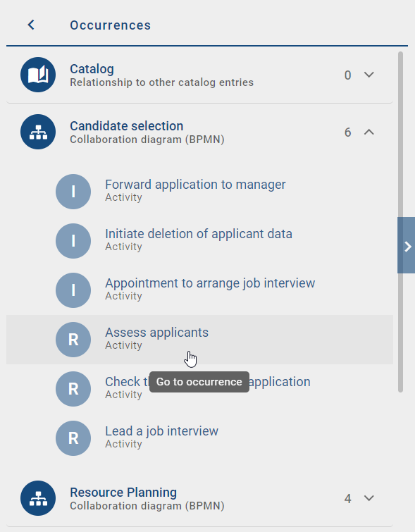 This screenshot shows the "Occurrences" button in the details tab.