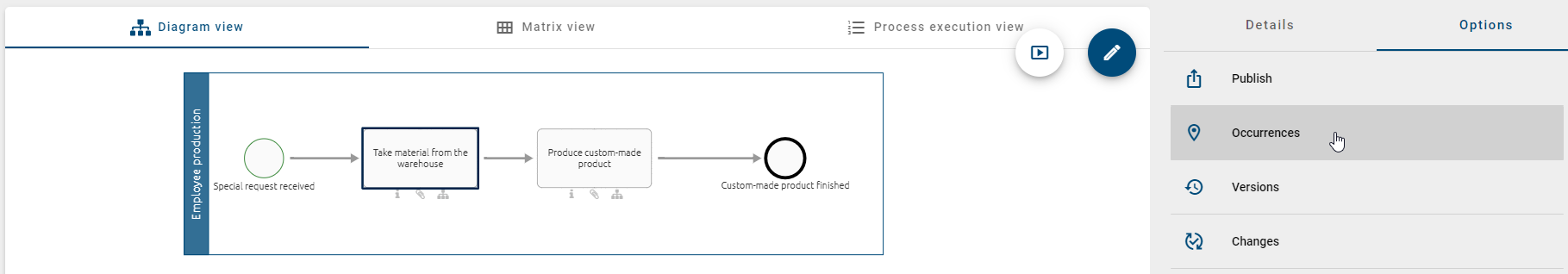 The screenshot shows the option "Occurrences" within the right sidebar.