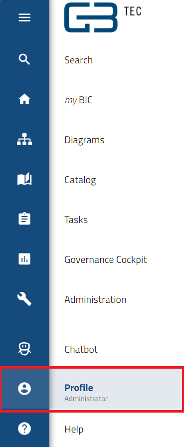 The screenshot shows the "Profile" option in the menu.