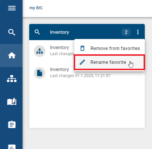 The screenshot shows the opened context menu with the option "Rename favorite".