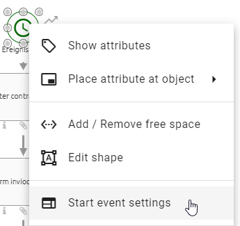 The screenshot shows the context menu of a start event which includes the option "Open start event settings".