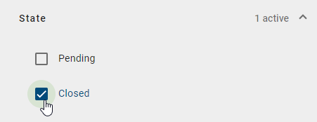 This screenshot shows the filter "Status" where the option "Closed" has been selected.