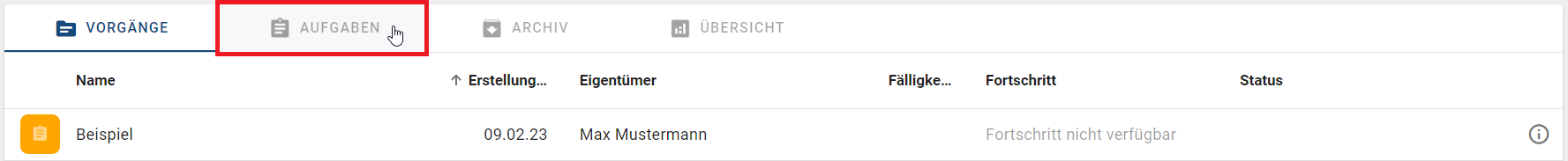 Der Screenshot zeigt die Registerkarte "Aufgaben" in der Vorgangsliste einer ProcessApp.