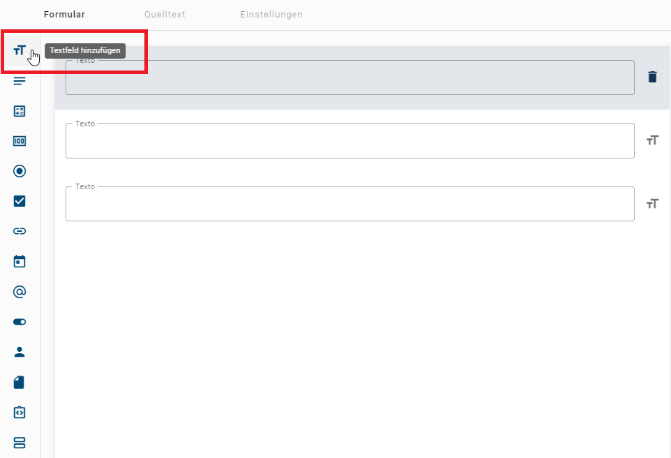 Der hier aufgeführte Screenshot zeigt wie ein neues Formularfeld der Liste durch Klicken hinzugefügt wird.