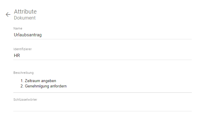 Der Screenshot zeigt die Details eines Katalogeintrags vom Typ Dokument, welches eine geordnete Liste im Attribut "Beschreibung" beinhaltet.