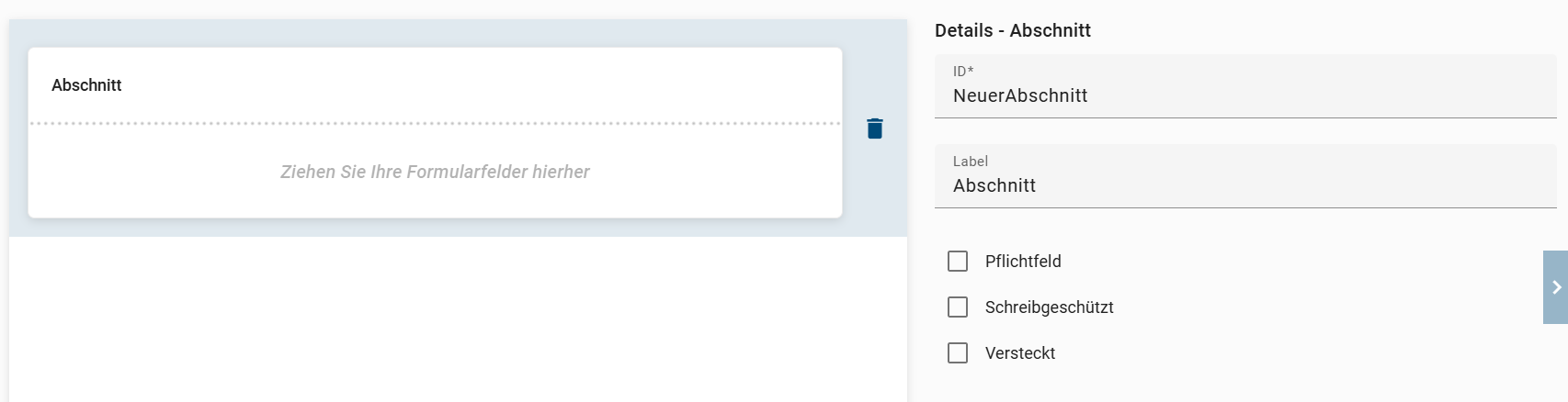 Der Screenshot zeigt die Detailübersicht des Formularfelds "Abschnitt".