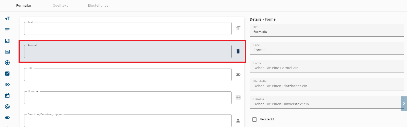 Der hier aufgeführte Screenshot zeigt die Detailübersicht des Formularfelds Formel.