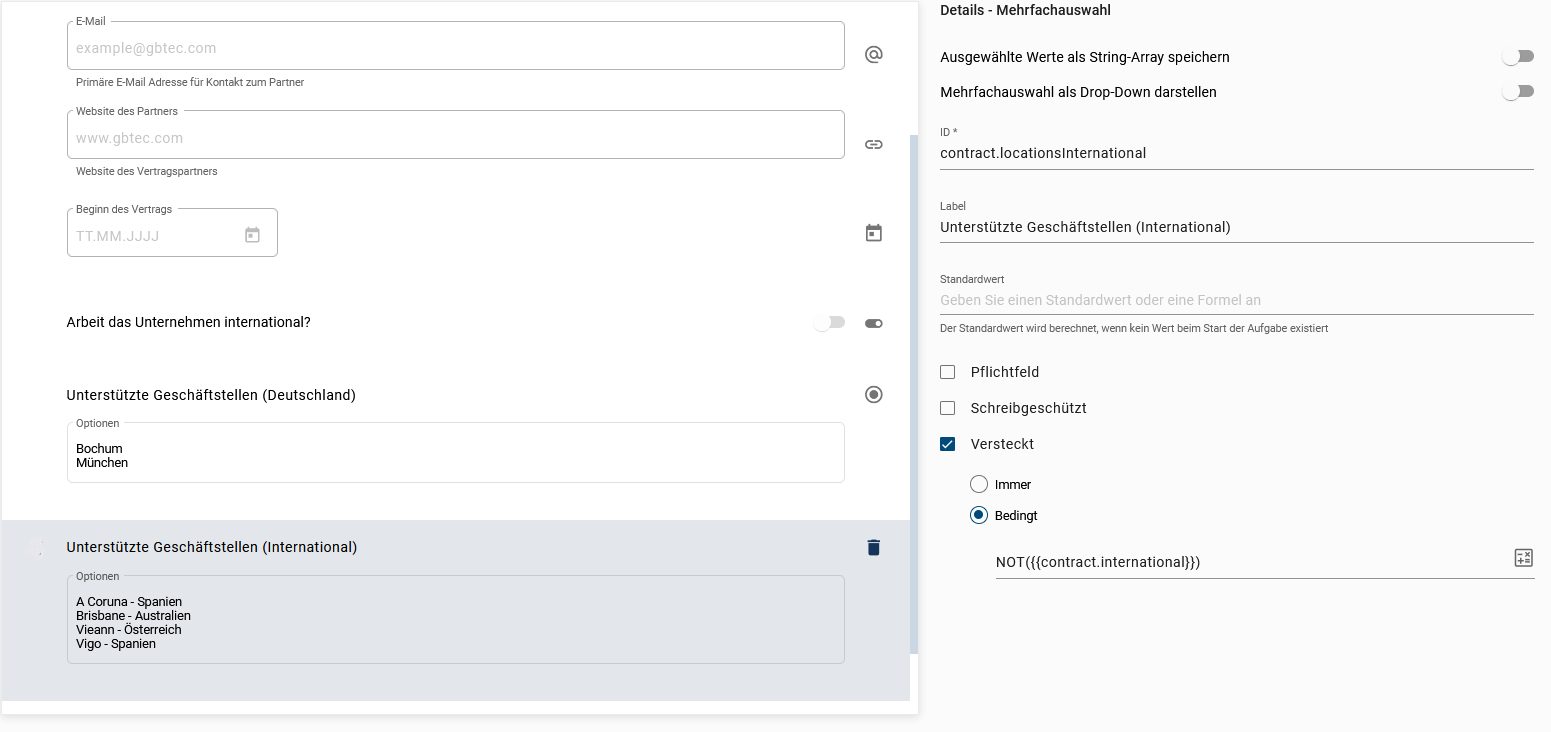 Der hier aufgeführte Screenshot zeigt die Detailübersicht des Formularfelds Mehrfachauswahl.