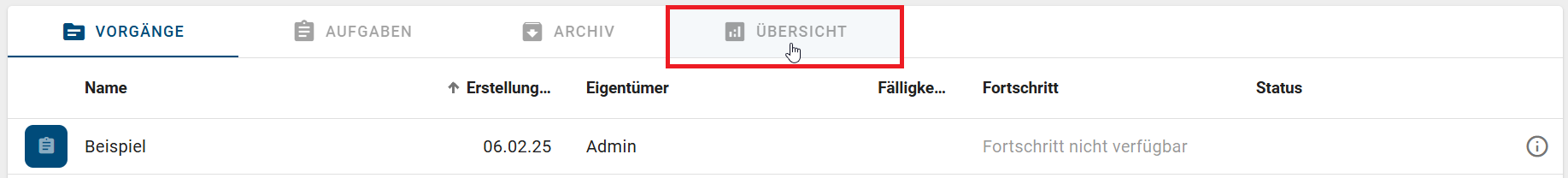 Der Screenshot zeigt die Tabs in der Vorgangsliste einer ProcessApp.