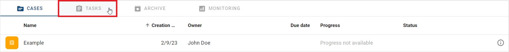 The screenshot shows the "Tasks" tab in the task list of a ProcessApp.