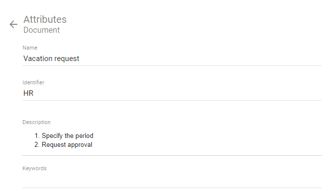 The screenshot shows the details of a catalog entry of the type document, which contains an ordered list within the attribute "Description".