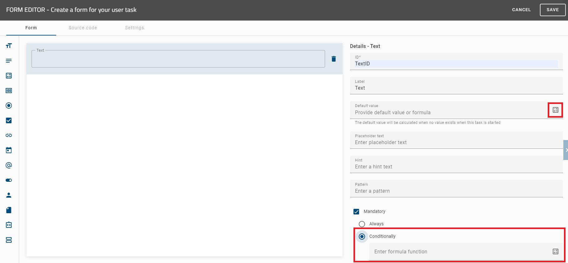 The screenshot shows an input field with a button for entering formulas.