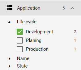 The screenshot shows the filter settings of a facet in the catalog.