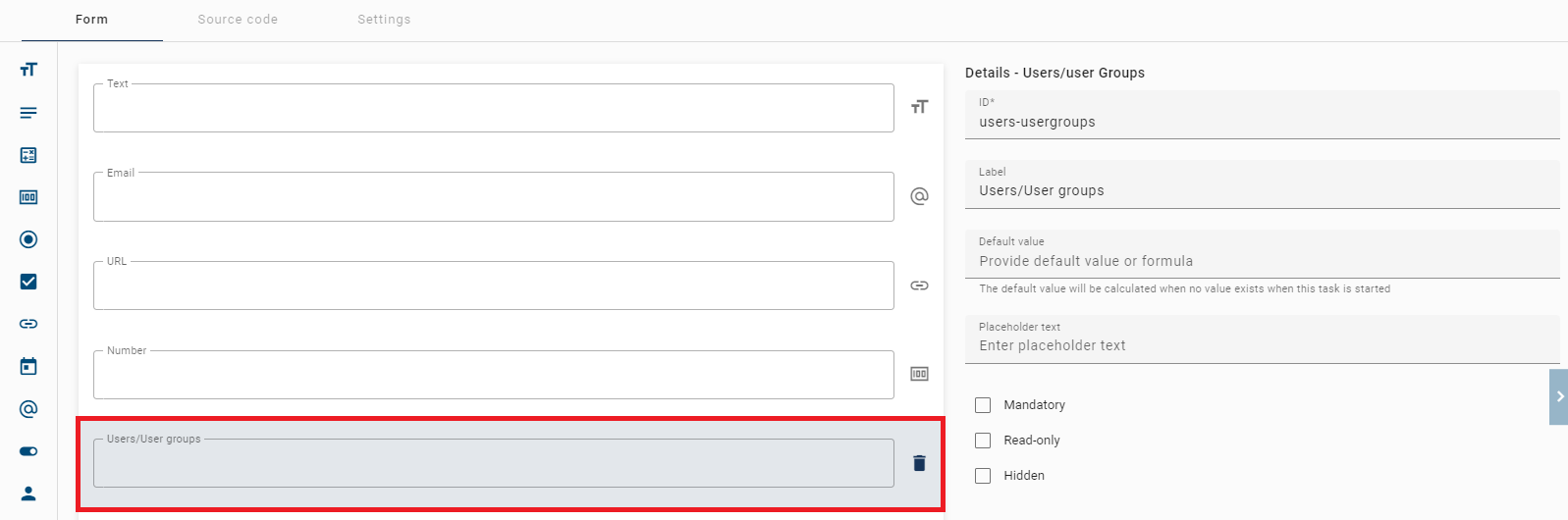 This screenshot shows the detail page of the users/user groups form.
