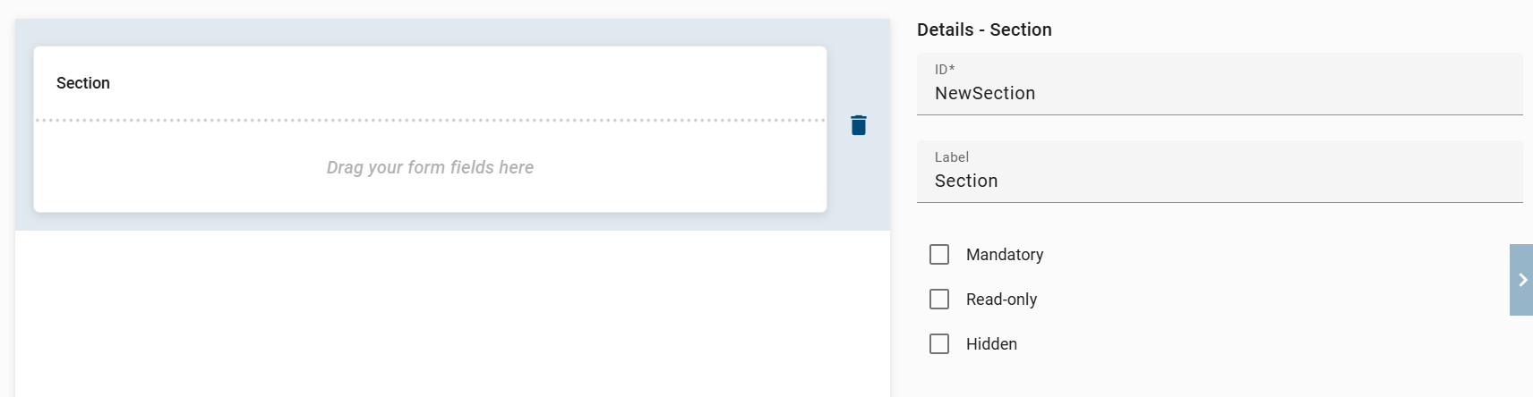 The screenshot shows the detailed overview of the "Section" form field.