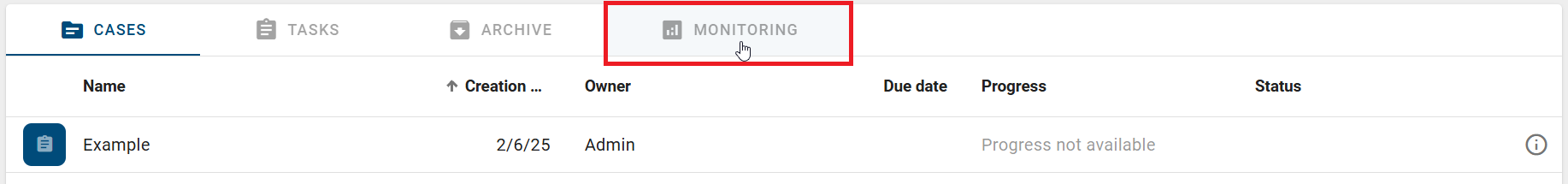 The screenshot shows the tabs in the case list of a ProcessApp.